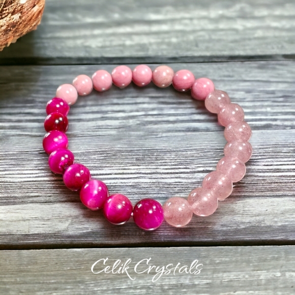 Pink Tiger Eye, Rhodonite & Strawberry Quartz Bracelet Stretches - Picture 4 of 6